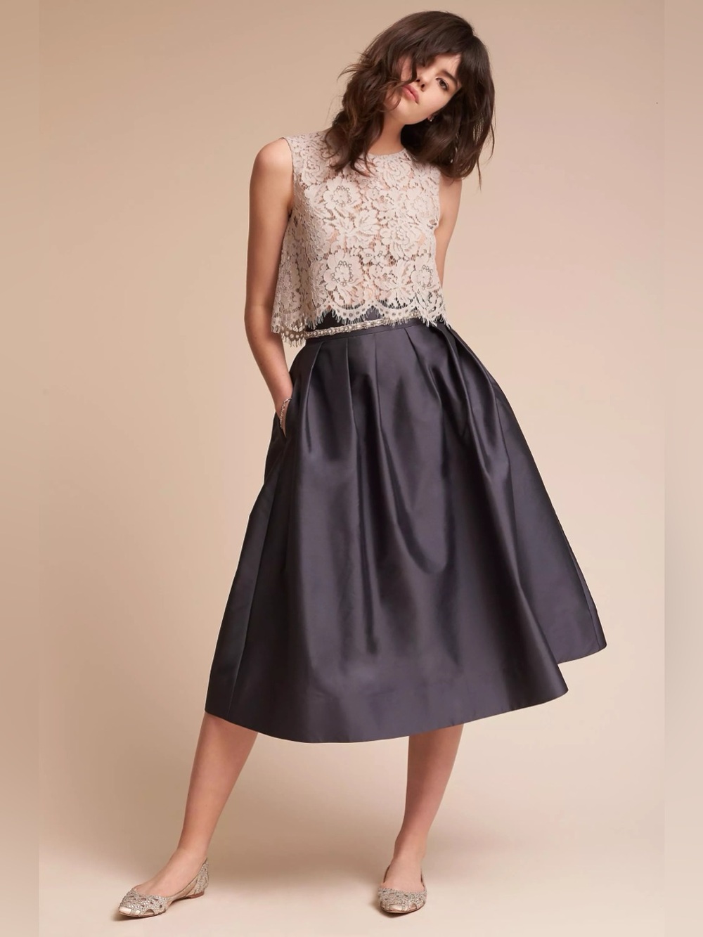 Anthropologie x BHLDN ML Monique Lhuillier Rockport Taffeta Midi Skirt Sz 2